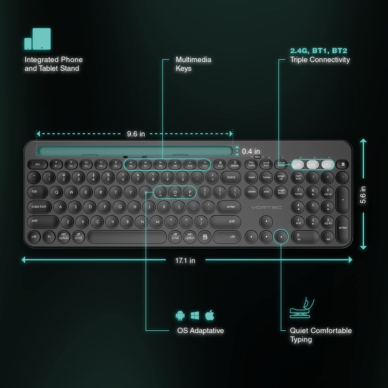 Vortec Wireless Bluetooth Keyboard for Multi-Device Use