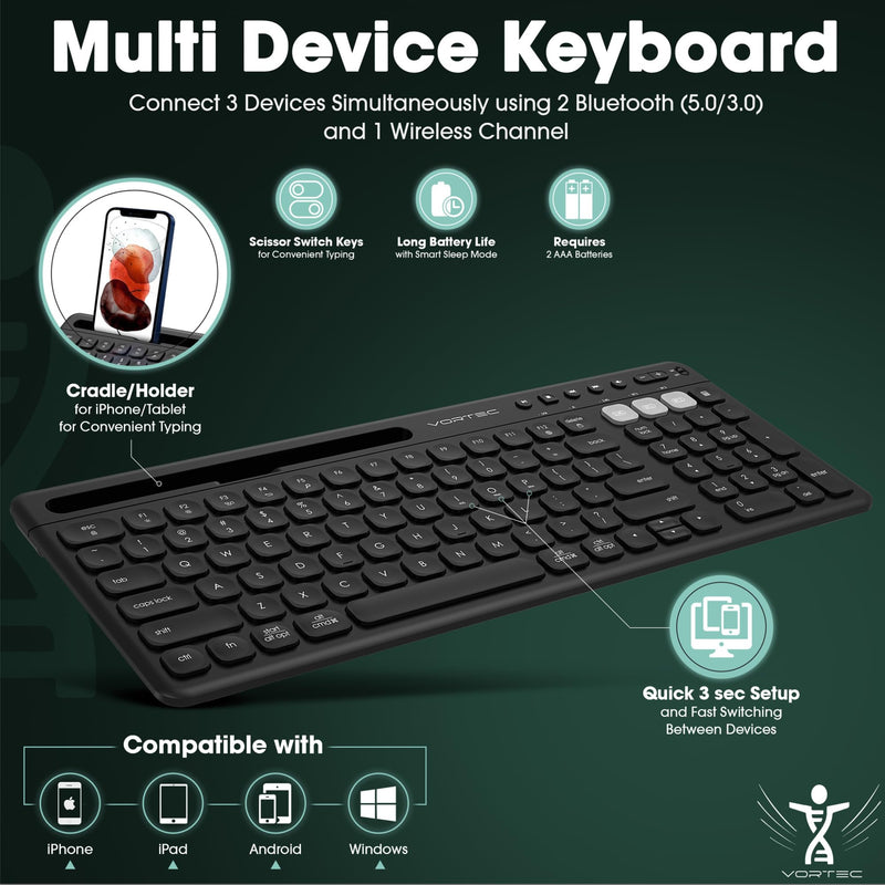 Vortec Multi Device Bluetooth Wireless Keyboard with Stand Black