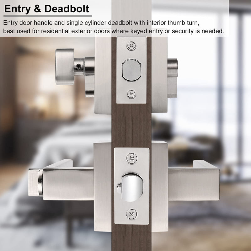 Knobonly Square Lever Door Handle Set with Deadbolt Brushed Nickel