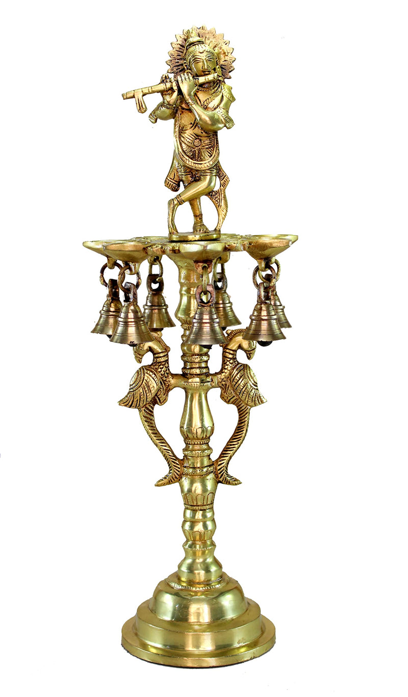 Brass Krishna Oil Lamp 16.5 Kuthu Vilakku Deepam Lamps for Home & Office Decor