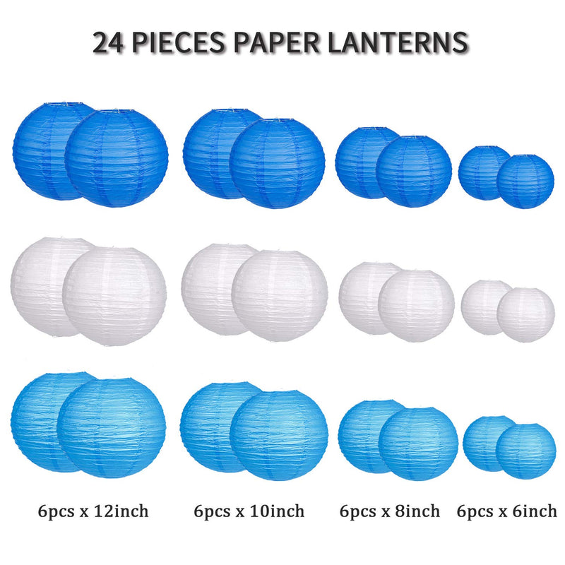 Zilue Blue/White Hanging Paper Lantern Set - 24pcs Party Decor