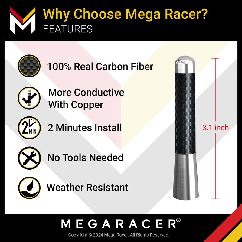 Mega Racer Silver 3.25 in 83 mm Real Carbon Fiber Screw Type Short Antenna