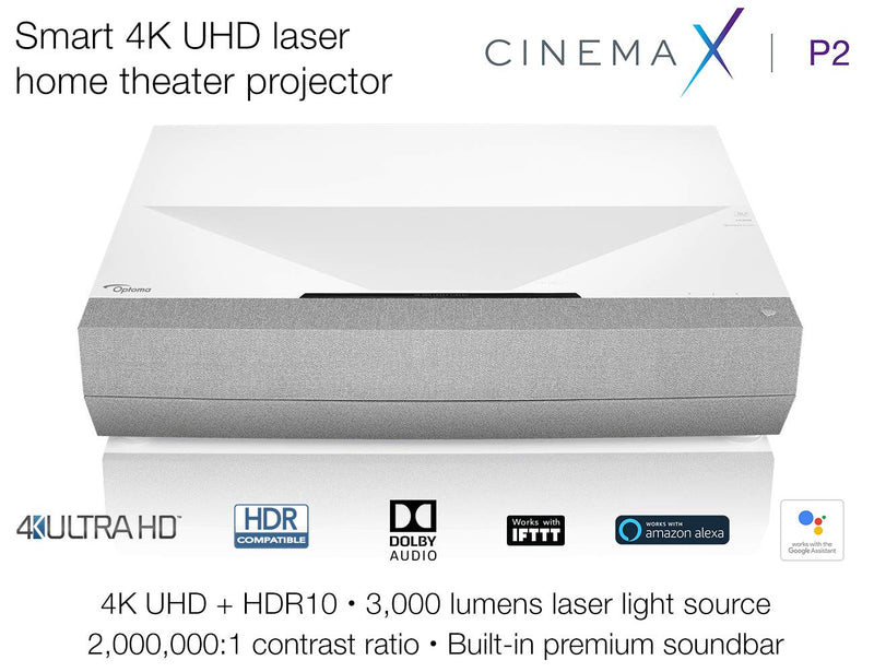 Optoma CinemaX P2 4K UHD Laser Projector with Smart Features and Soundbar