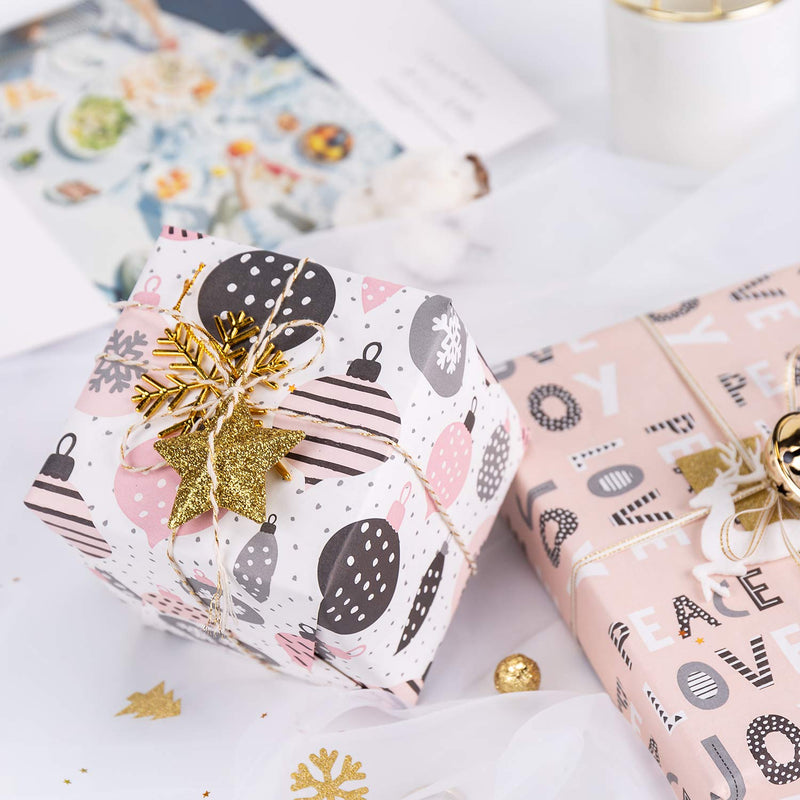 Rustic Kraft Pink & Grey Christmas Wrapping Paper Set - 4 Rolls