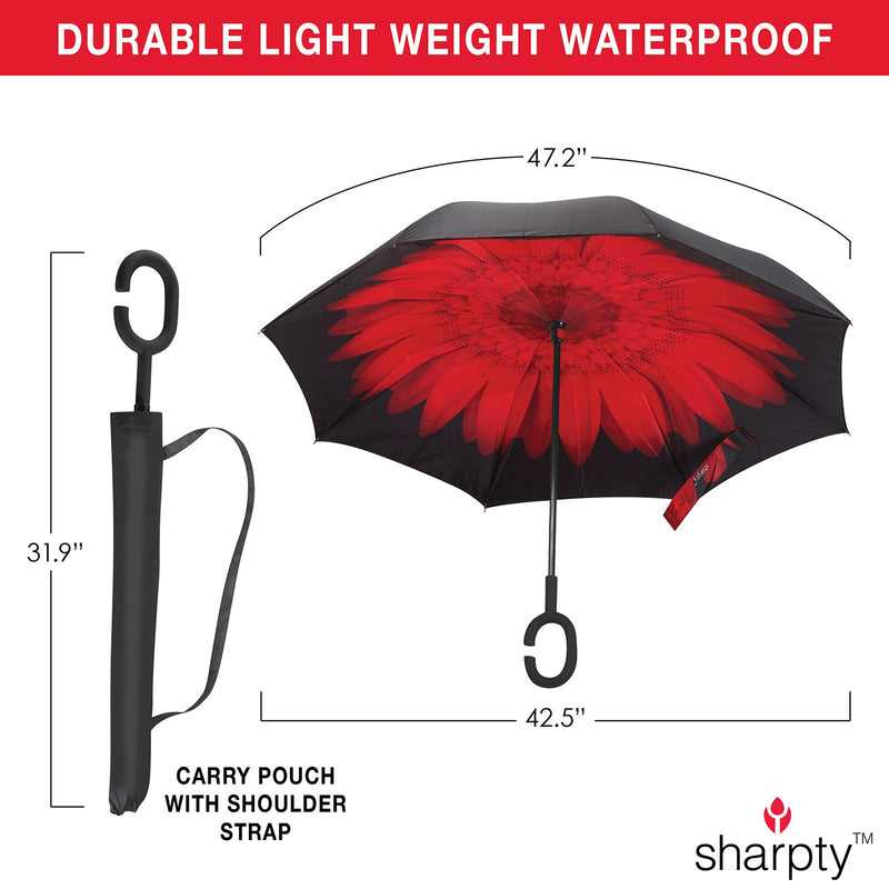 Windproof Inverted Umbrella with C-Shaped Handle - Red Flower