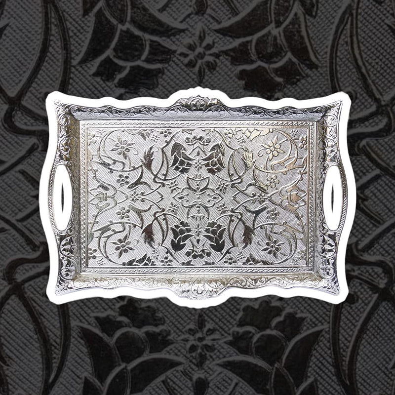 Ottoman Turkish Zamak Silver Serving Tray with Traditional Motifs