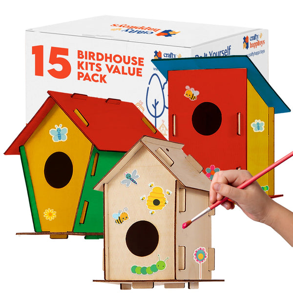 DIY Birdhouse Craft Kit for Kids - 15 Wooden Sets with Paint & Brushes