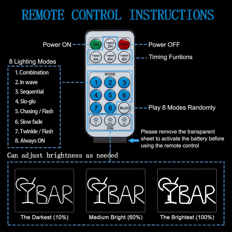 Bar Neon Light Sign with Remote - 21"x10" LED Modes