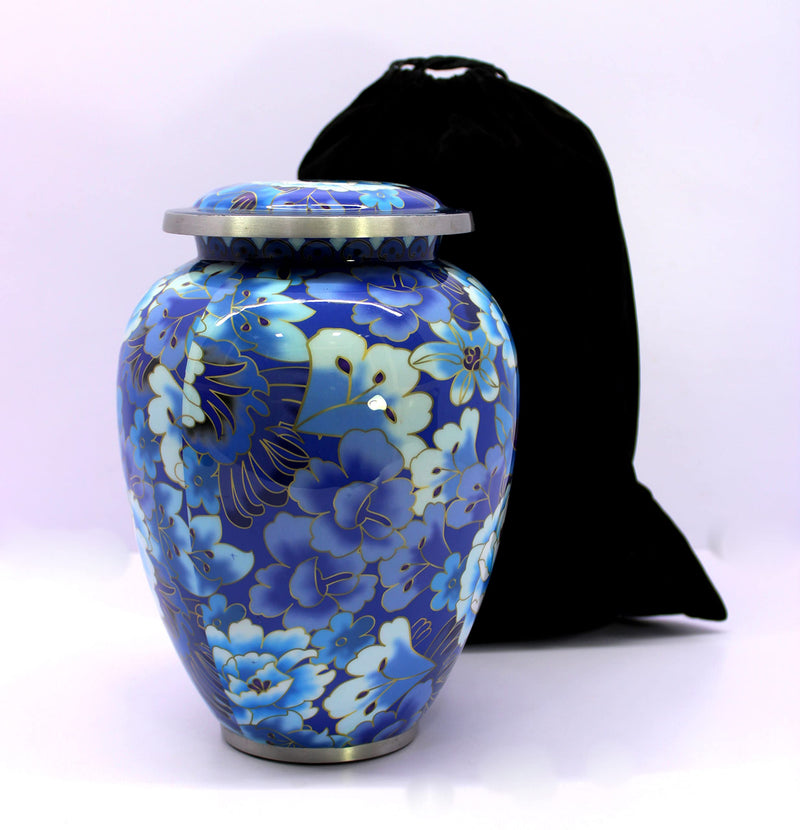 Esplanade Metal Cremation Urn 10 Blue With Flower Print Full Size Funeral Ashes