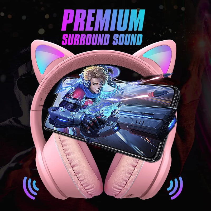 Pink Cat Ear LED Headset with 7.1 Surround Sound & Mic