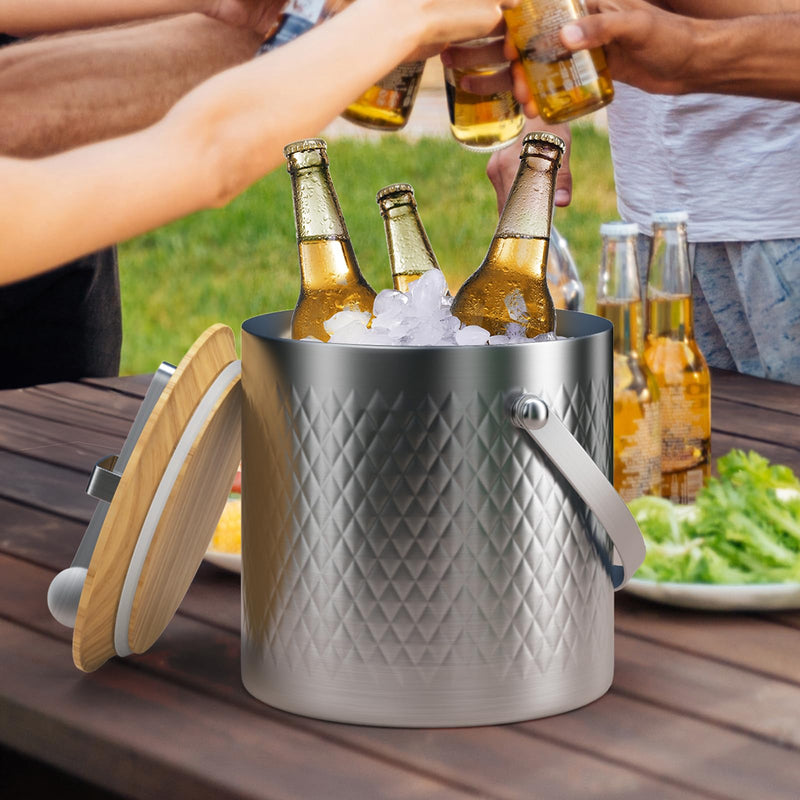 Silver Insulated Ice Bucket with Tongs, Lid & Divider - 3L Capacity