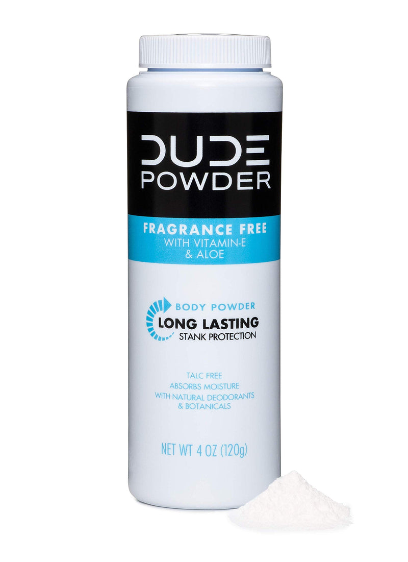 DUDE Body Powder Fragrance Free 4 Ounce Bottle Natural Deodorizers With Chamomile