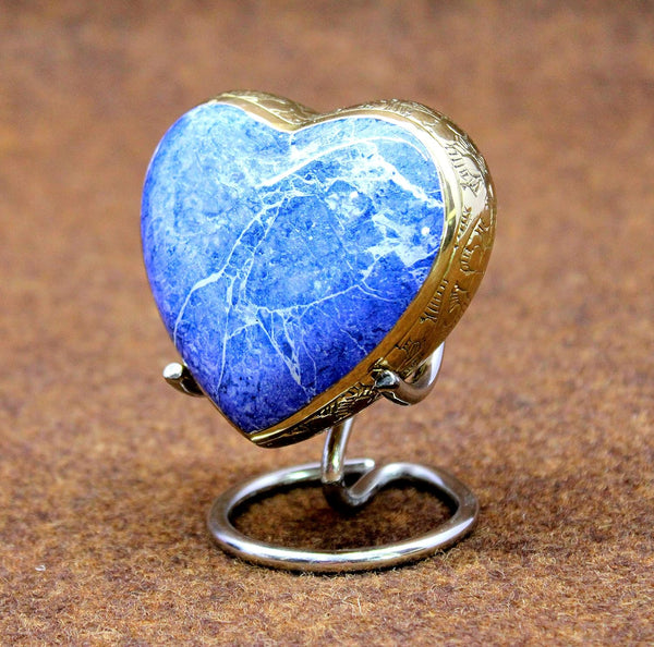 Esplanade Brass Mini Cremation Urn Heart Shaped Blue 2.75 Inches
