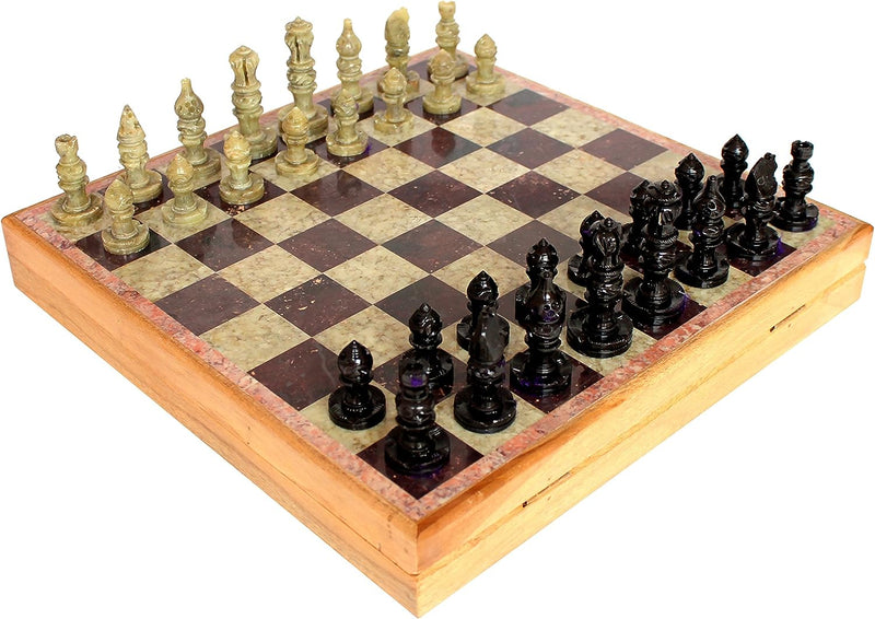 StonKraft Handcarved Chess Board with Wooden Base Stone Inlaid Work