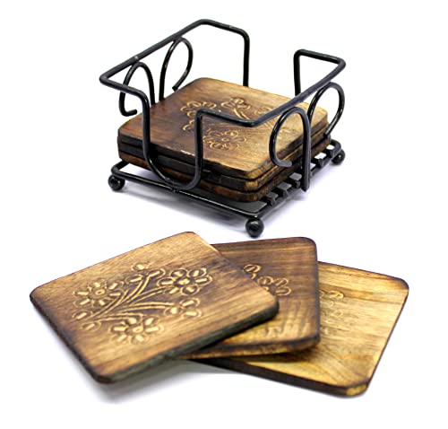 StonKraft Wooden Tea Coffee Coasters Set with Wrought Iron Holder