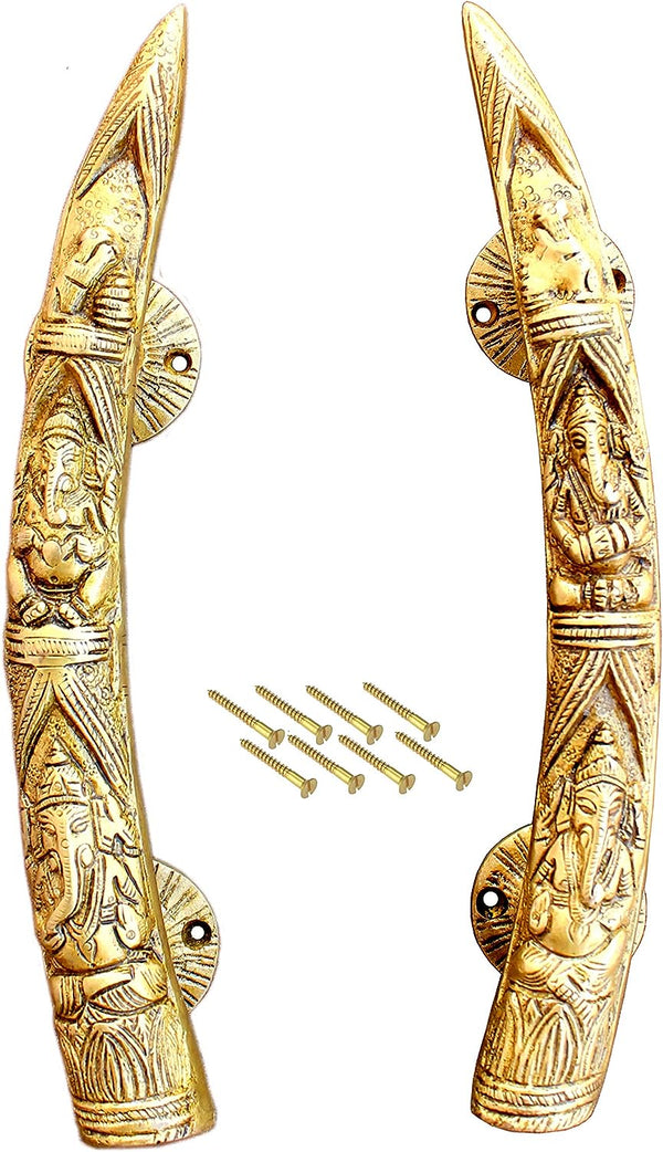 ESplanade11" Tusker Style Ganesha Carving Brass Door Handle Pair Set of 2