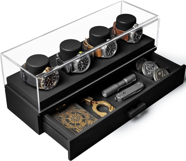 Elevate Your Watch Collection With The Watch Deck – Premium Watch Display Case For 4 Watches – Unique Birthday Day Gift For Men – Wooden Mens Watch Box & Watch Case – Lifetime Assurance Included Watch Deck Black Color Black Size Watch Box And Warch Case
