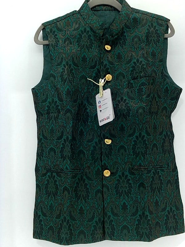 Men's Green Brocade Nehru Collar Waistcoat Size 38