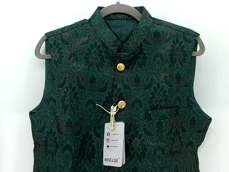 Men's Green Brocade Nehru Collar Waistcoat Size 38