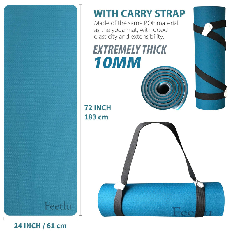 Feetlu Yoga Mat Thick With Strap 2/5 Inch (10mm) - Extra Thick Yoga Mat Non Slip Workout Mat Double-Sided Eco Poe Yoga Mats For Women Menworkout Mat For Yogapilatesand Floor Exercises(Tur Blu/Gyb)