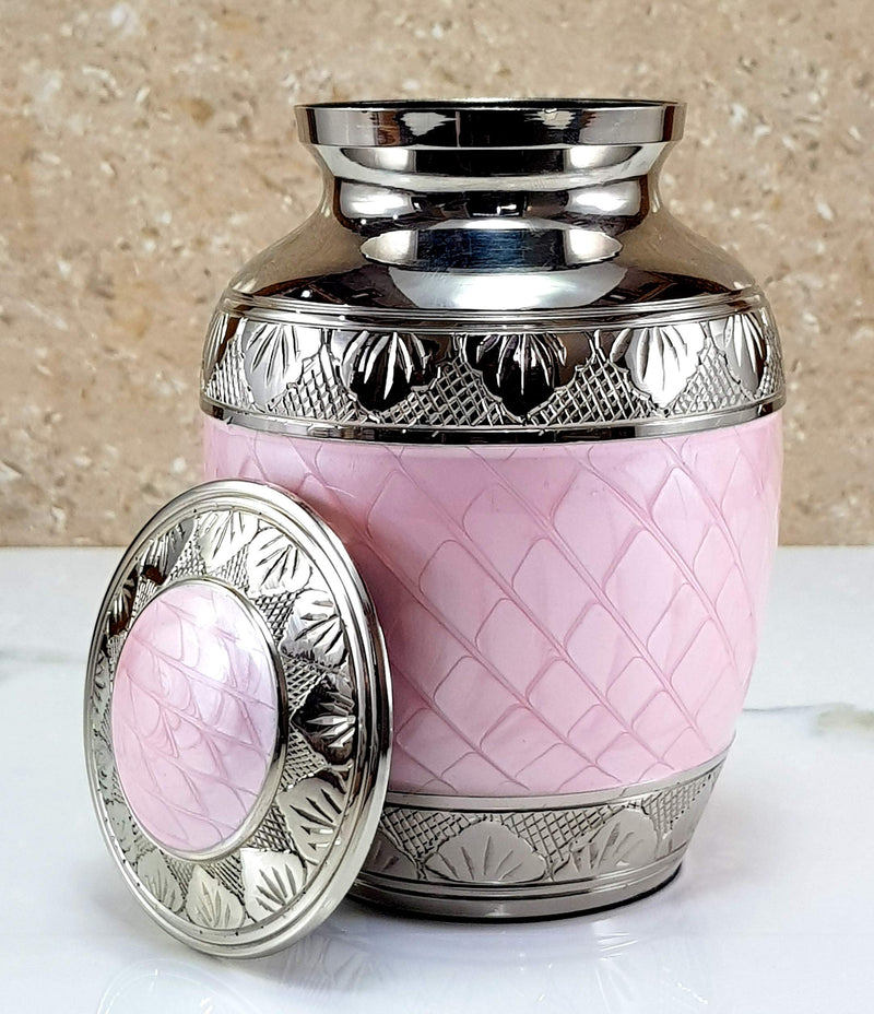 eSplanade Metal Cremation Urn Memorial Jar Pot Container | Medium Size Urn for Funeral Ashes Burial | Engraved Metal Urn | Pink - 6" Inches