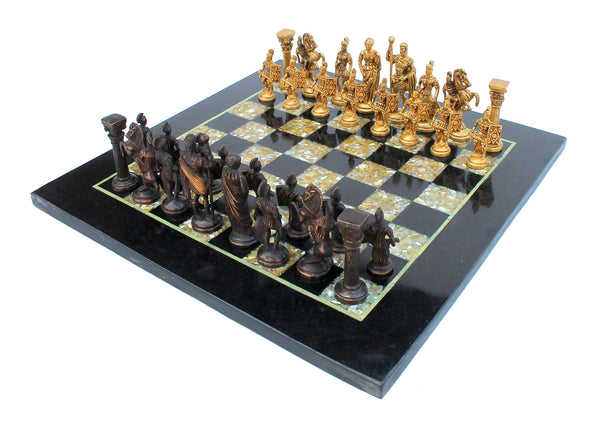 StonKraft Collectible Black Marble and (MOP) Mother of Pearl Chess Board Set + Brass Roman Chess Pieces - Decorative Stone Chess - Home Décor - 15" Inches