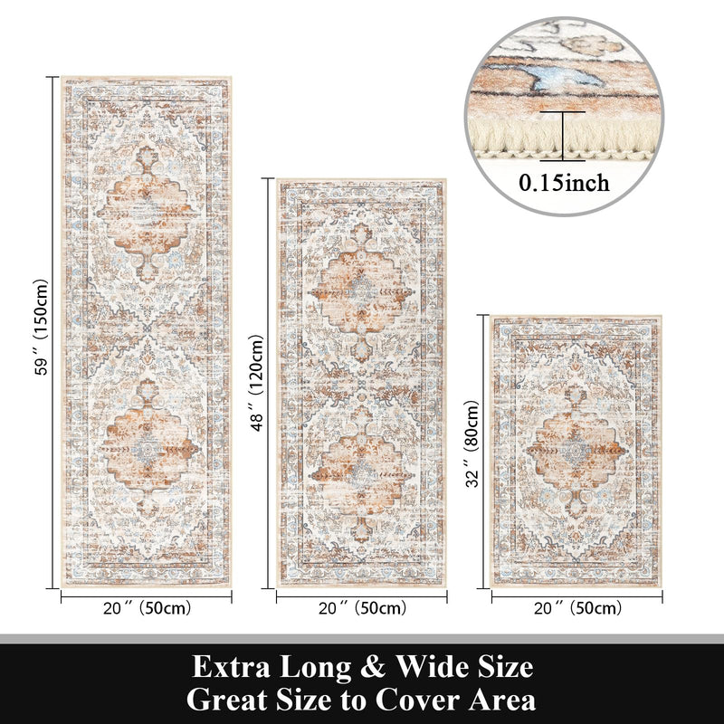 Boho Kitchen Rug Set of 3 - Non-Skid, Machine Washable, Light Brown