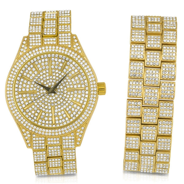 Full Iced Bling Watch Bracelet Set Gold