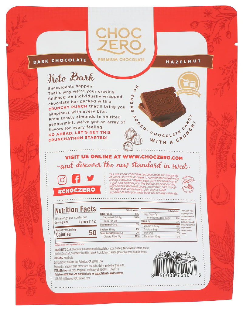 ChocZero Dark Chocolate Sea Salt Keto Bark with Hazelnuts 6 Oz