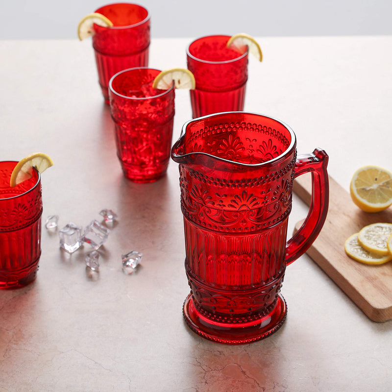 Vintage Red Glass Pitcher 40 Ounce Embossed Water Dispenser & Drink Server