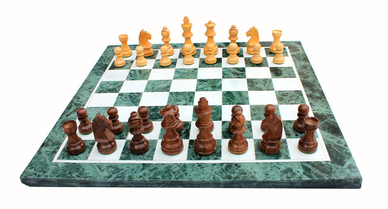 StonKraft Collectible Green Marble Chess Board Set + Wooden Crafted Pieces Pawns - Decorative Stone Chess - Home Décor - 15" Inches