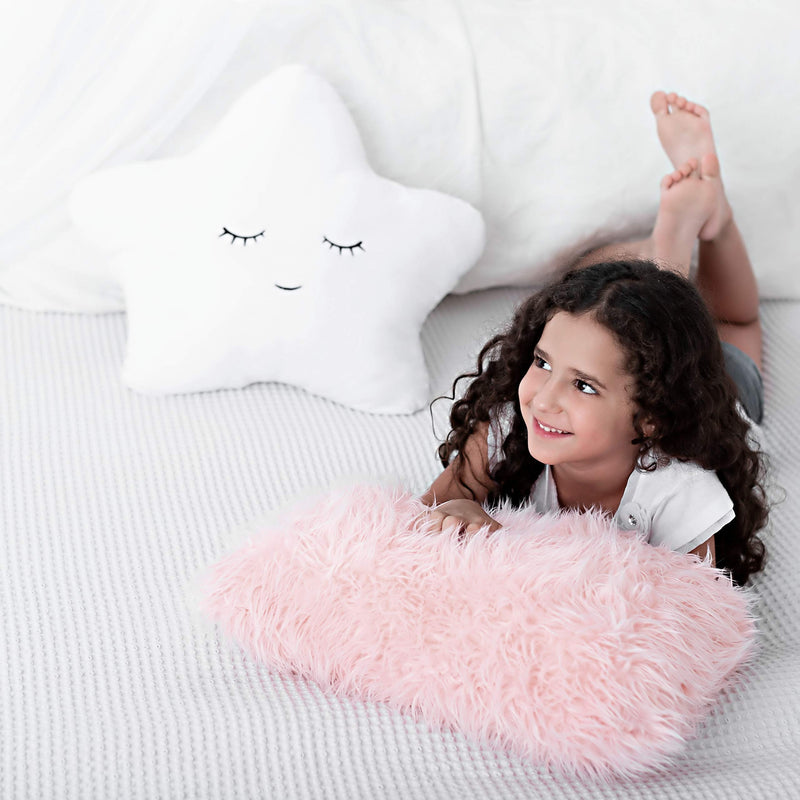 2 Pack Toddler Room Decorative Pillows Star Embroidered White & Pink Faux Fur