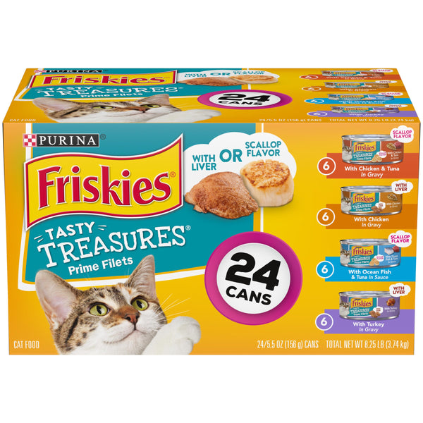 Purina Friskies Wet Cat Food Variety Pack, Tasty Treasures Prime Filets, 5.5 oz (Pack of 24)