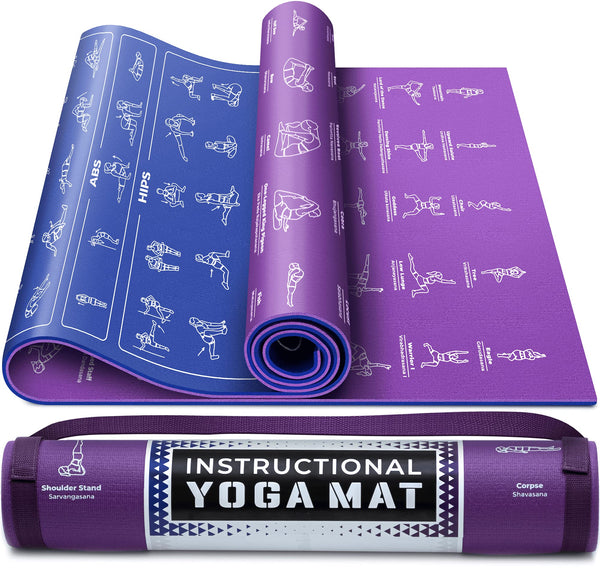 Non-Slip Yoga Mat with Illustrated Poses - Blue/Purple 68 x 24