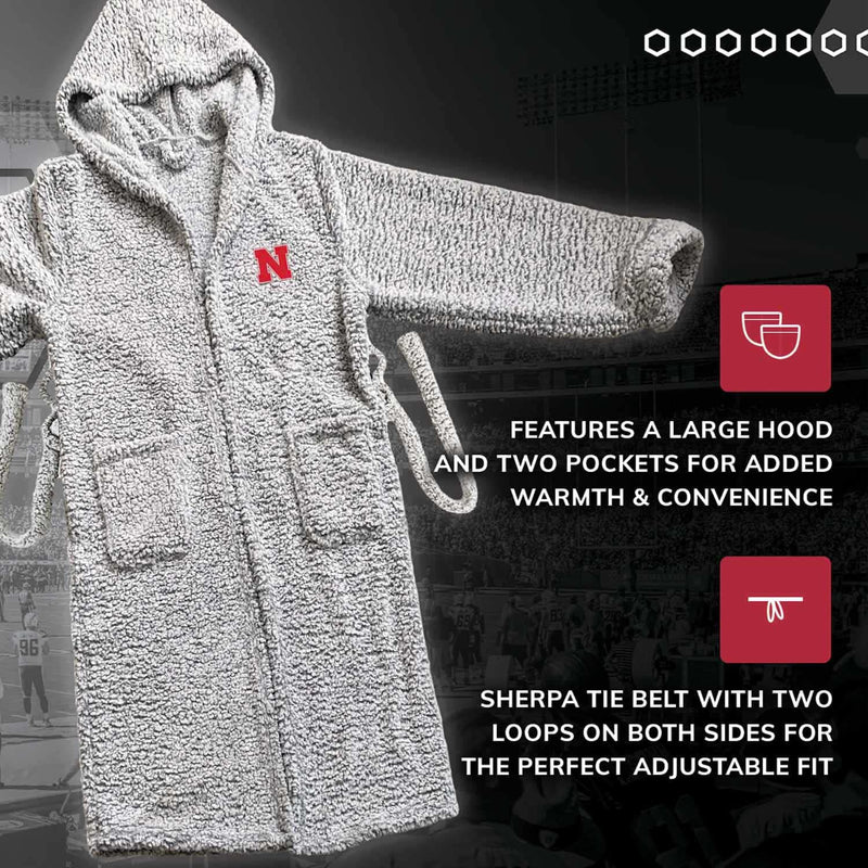 Nebraska Cornhuskers Plush Hooded Sherpa Bath Robe - Gray 26" x 47"