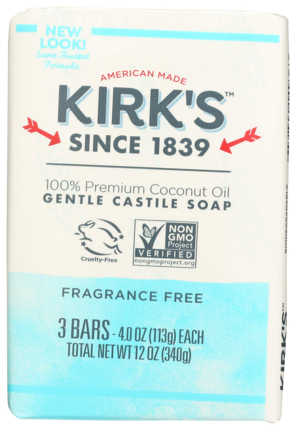 Kirk's Fragrance Free Castile Soap with Coconut Oil 4 Oz. Bars 3 Pack