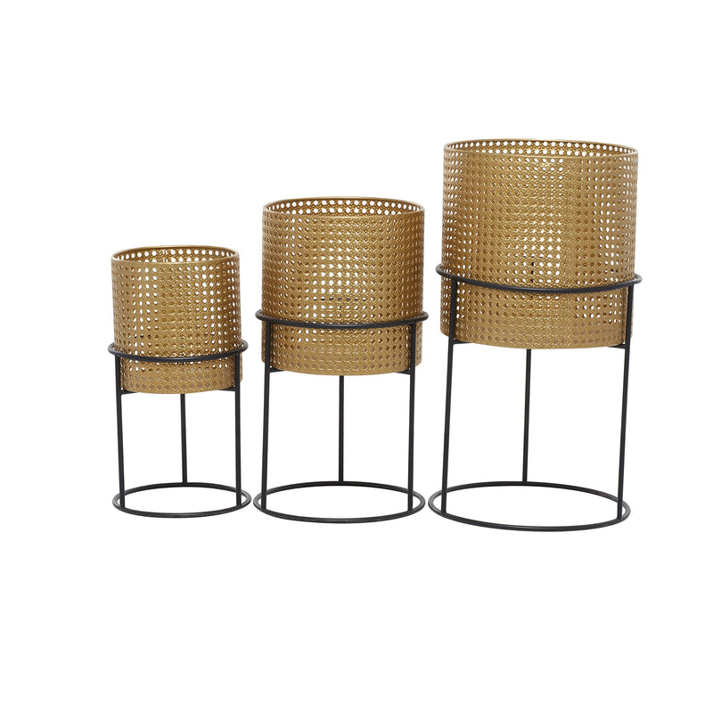 Gold Metal Planter Set with Black Stands - Set of 3