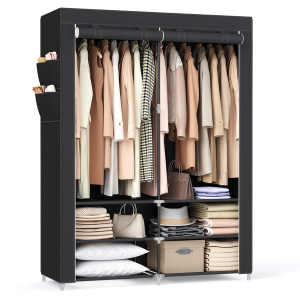 Portable Fabric Wardrobe Closet Organizer with Shelves, Black