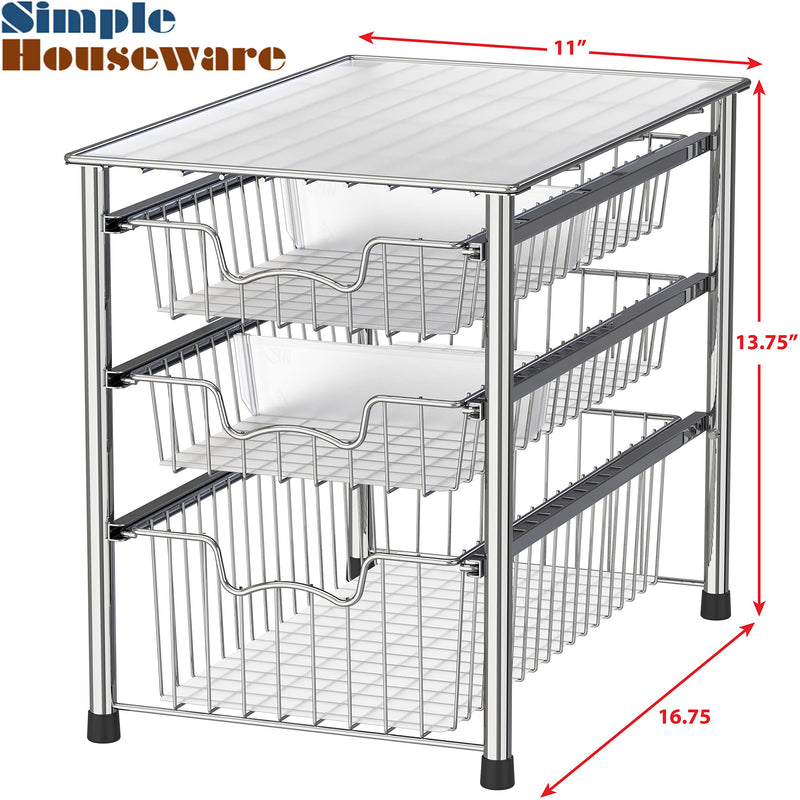 Chrome Stackable 3 Tier Sliding Basket Organizer Drawer 16.75x11x 13.75