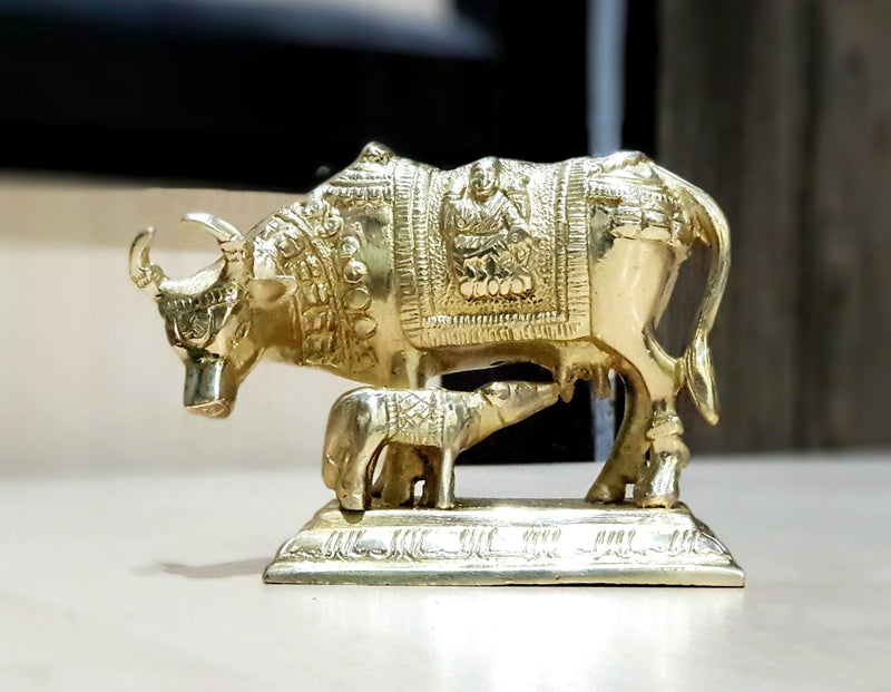 Gerenic Brass kamdhune Cow Nandi kamadhenu Cow and Calf Holy Cow Brass Idol