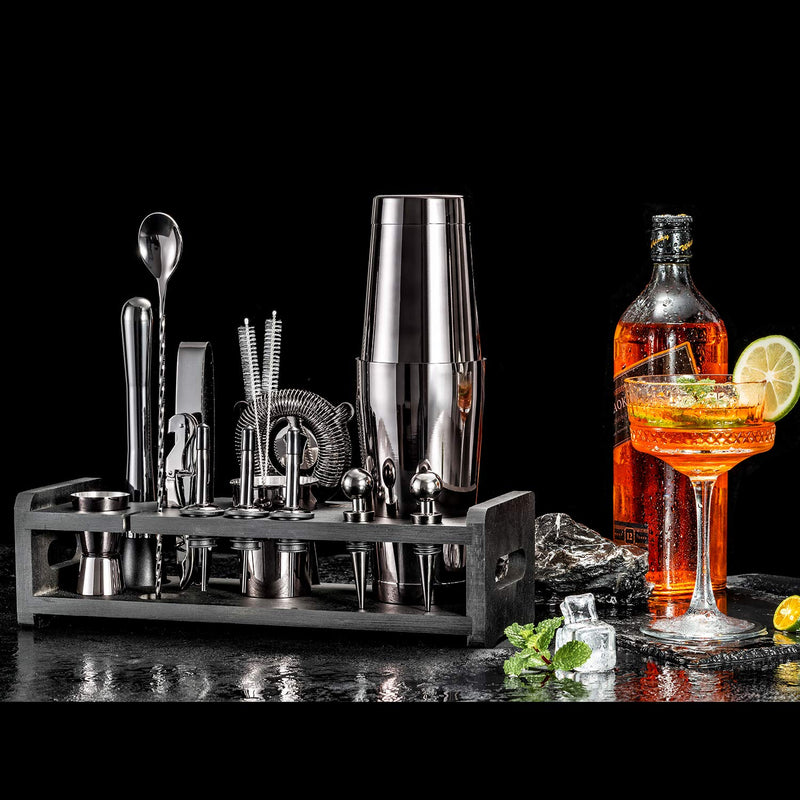 Premium 24 Piece Cocktail Shaker Set for Home Bartenders Black Stand