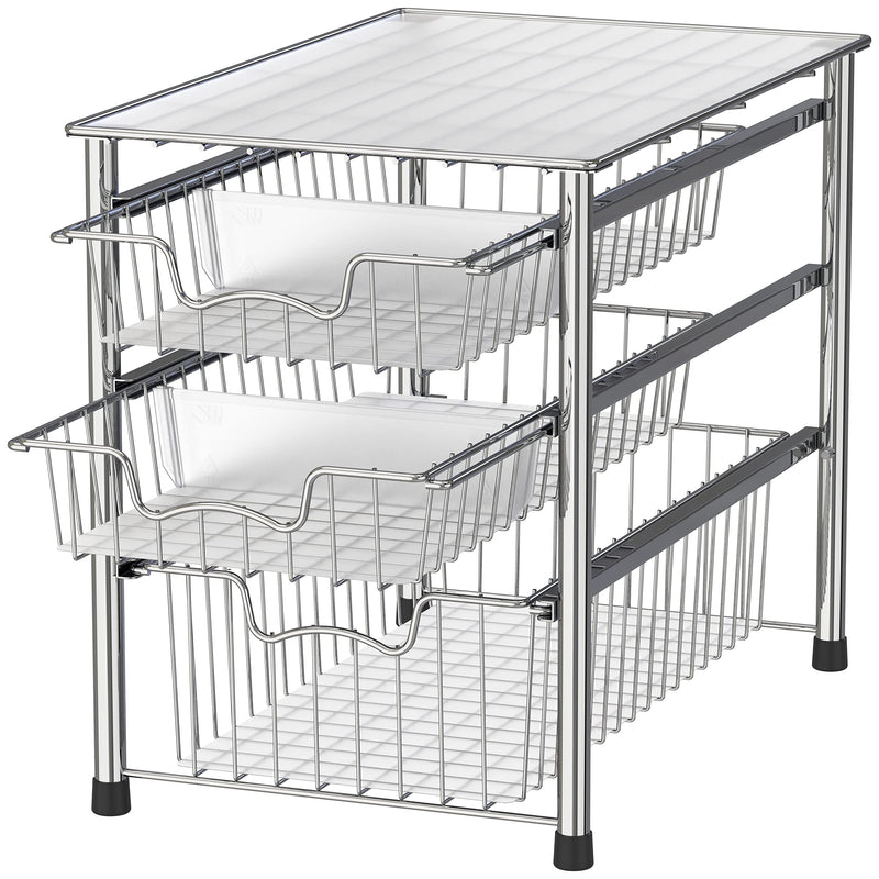 Chrome Stackable 3 Tier Sliding Basket Organizer Drawer 16.75x11x 13.75