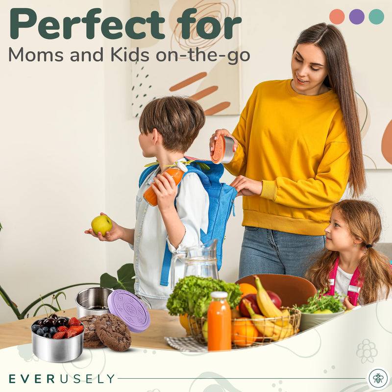 Everusely Stainless Steel Snack & Lunch Containers Kids With Lids Reusable Set