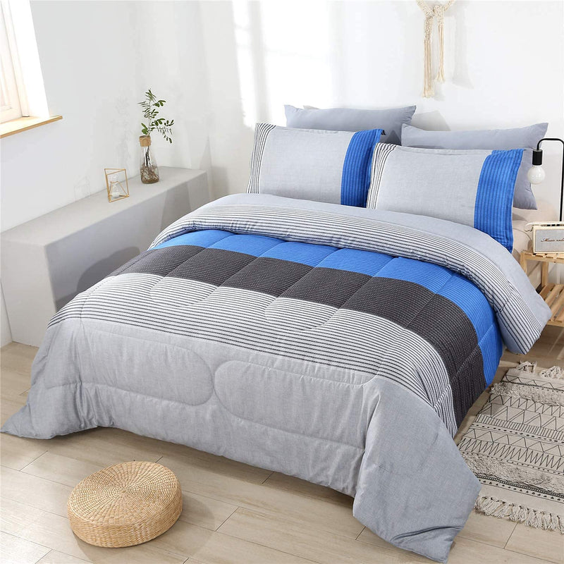 Perfemet Blue Striped Comforter Set Full 3 Piece Microfiber Reversible Quilt