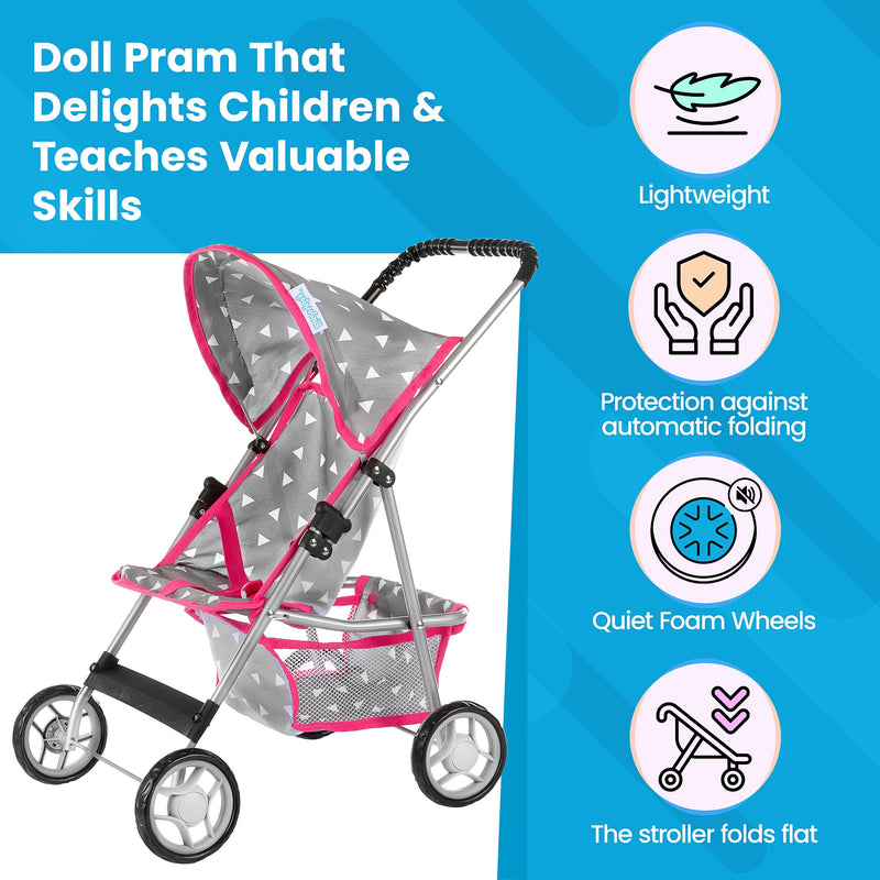 Toy Doll Stroller for Toddlers with Grey Triangle Design