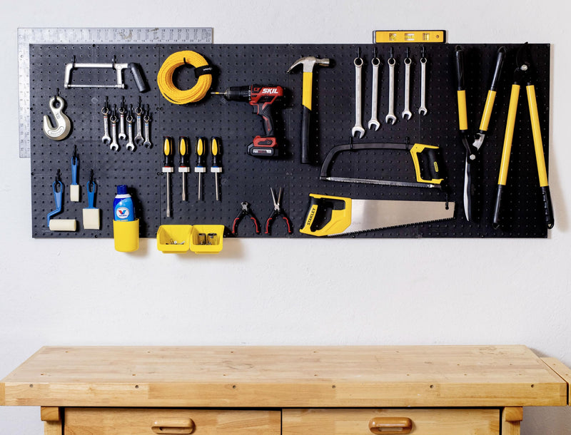 Black Wall Pegboard Organizer Kit 96” with Hooks and Bins