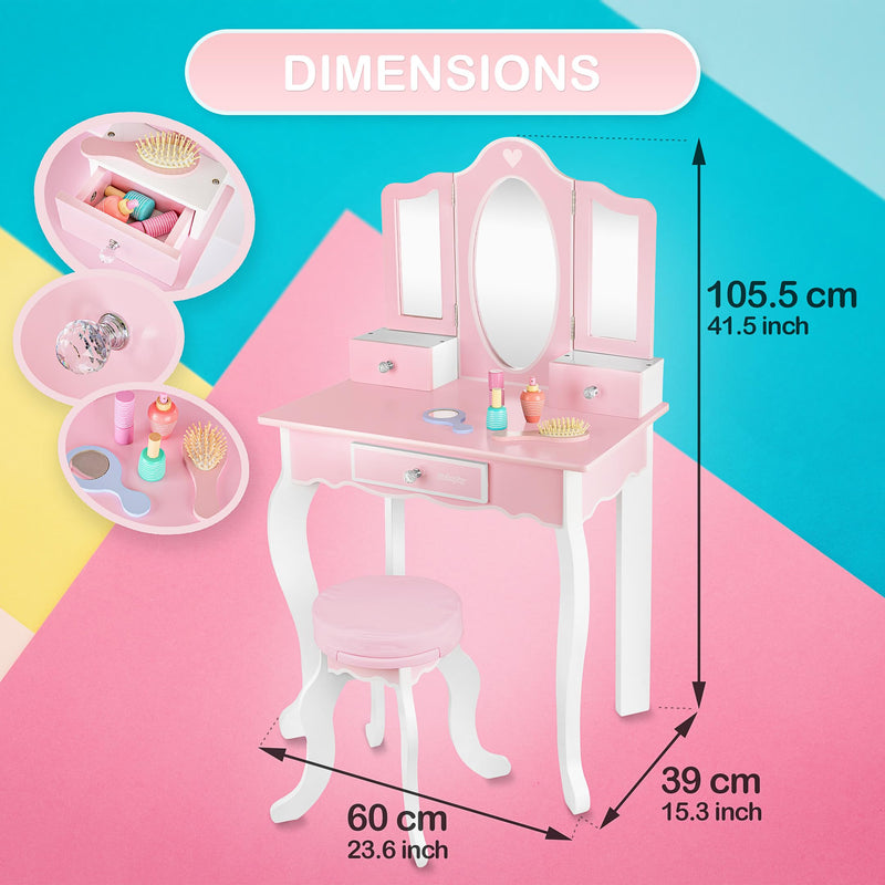 Kids Pink Vanity Set With Mirror and Stool Girls Dressing Table With Accessories