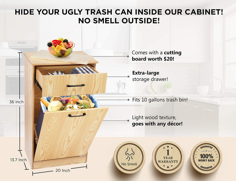 Wooden Tilt Out Trash Bin Cabinet Kitchen Island With Cutting Board