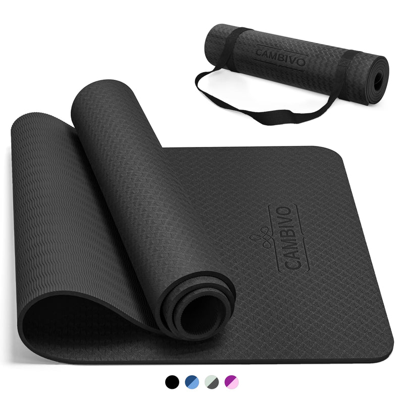 Cambivo Non-Slip TPE Yoga Mat with Strap - 72" x 24" - Black