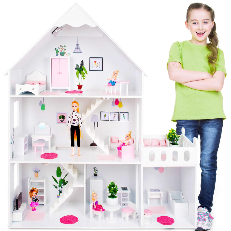 White 3-Floor Wooden Barbie Dollhouse with Accessories